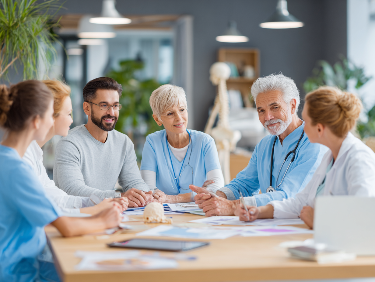 Команда фахівців різного віку обговорює план занять