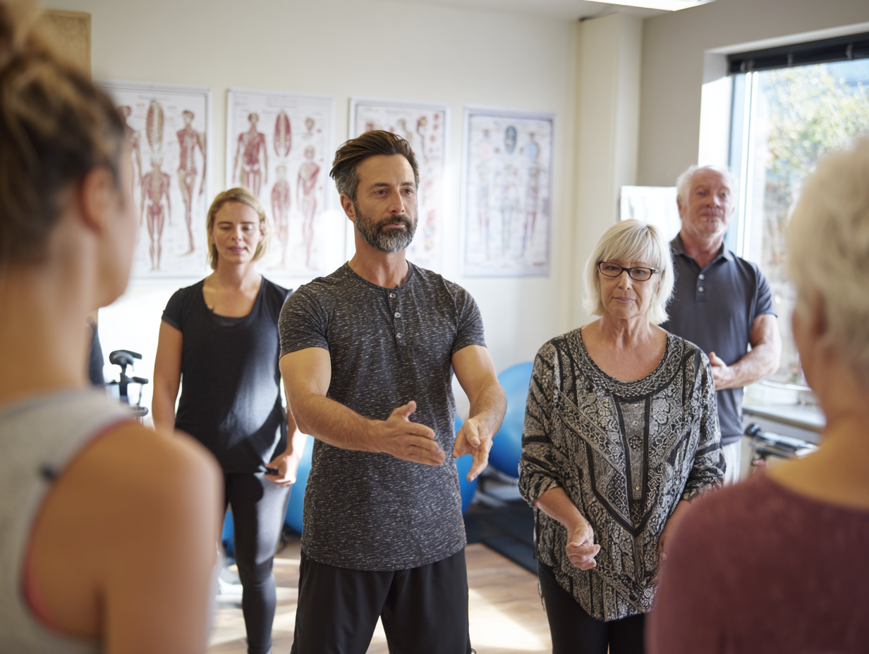 Спеціаліст демонструє правильну техніку вправ людям різного віку